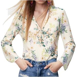 Zara Women's Floral Printed Blouse V-Neck Front Tie Gauzy Size Small Cream